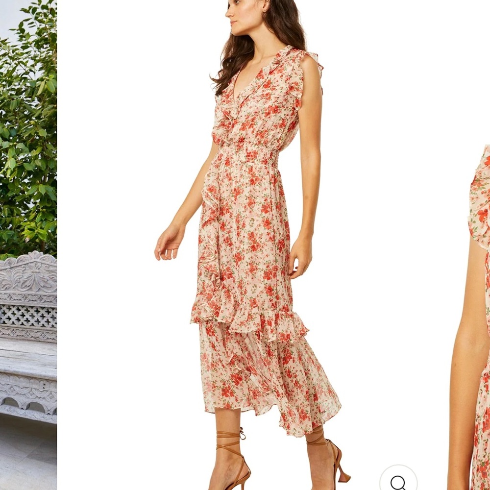 Misa Los Angeles Floral Ruffle Midi Dress in Cream and Coral